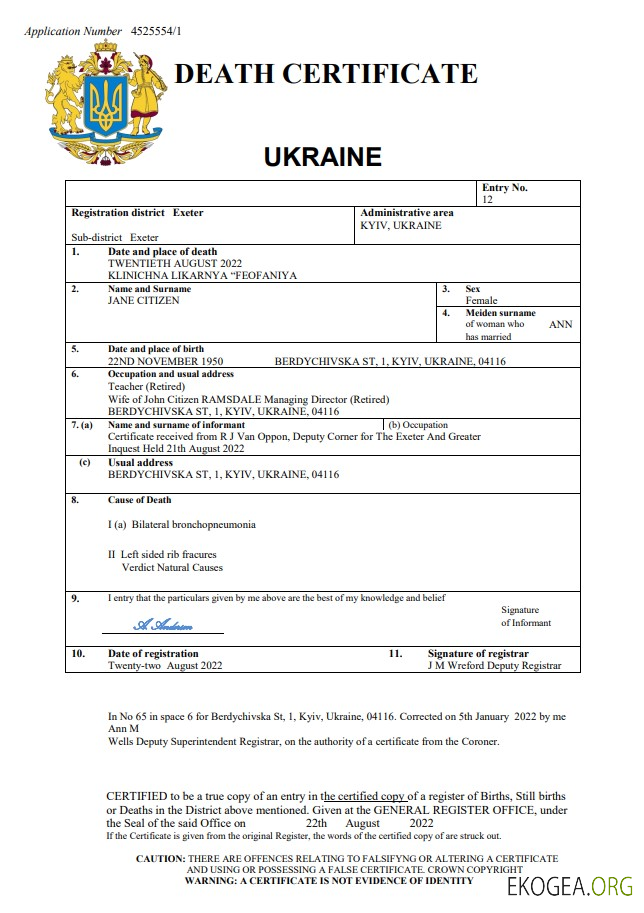 Modèle Word et PDF de certificat de décès en Ukraine